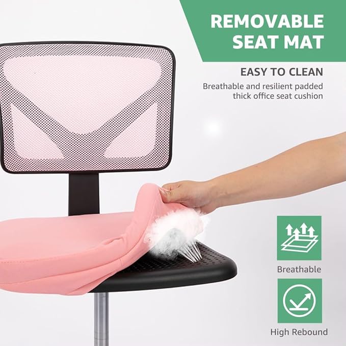 Armless Mesh Office Chair, Ergonomic Low Back Deskchair, Adjustable Rolling Task Computer Swivelchairs for Small Spaces Home Bedroom Study, Pink