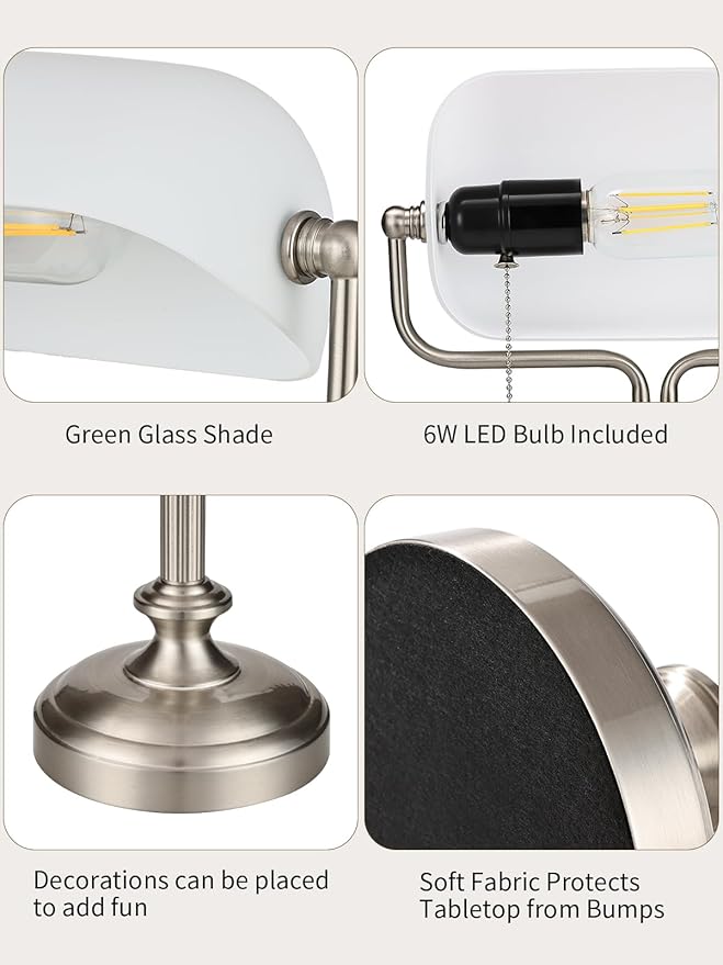 Traditional Banker's Desk Lamp with Glass Shade,Pull Chain Switch, LED Bulb Included (Satin Nickle+White)
