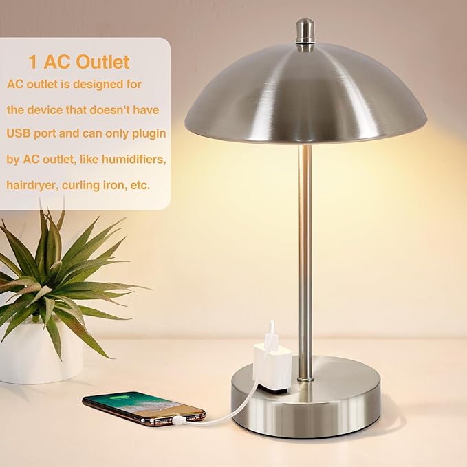 Modern Desk Lamp with AC Adapter,12" 3-Way Dimmable Touch Bedside Reading Lamp, Minimalist Silver Small Nightstand Table Lamp with Mushroom Dome Shade for Bedroom Living Room Office, LED Bulb Included
