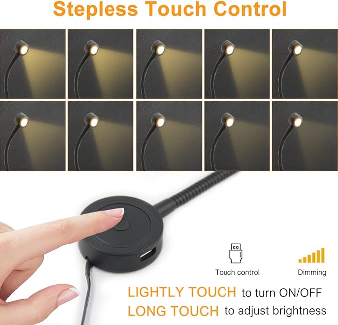 VST Bed Reading Lights for Headboard, Bedside Wall Mounted Reading Lamp, Reading Light Touch to Adjust Brightness with USB/Type-C Charging Ports, ETL-Listed