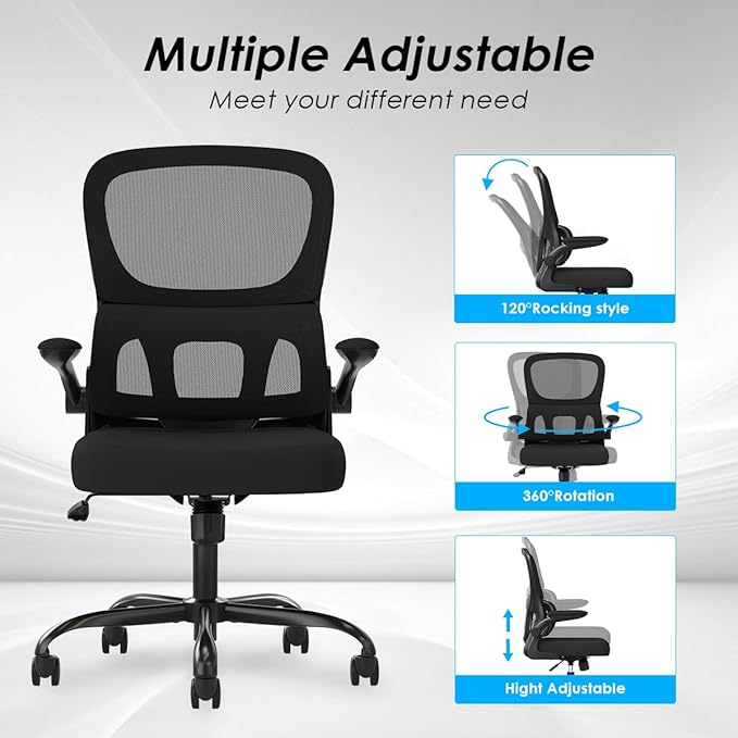 Soohow Office Chair, Mesh Ergonomic Office Chair with Lumbar Support, Comfy Computer Desk Chair with Flip Armrest Rolling Wheels for Home Study Room Office, Black & Black