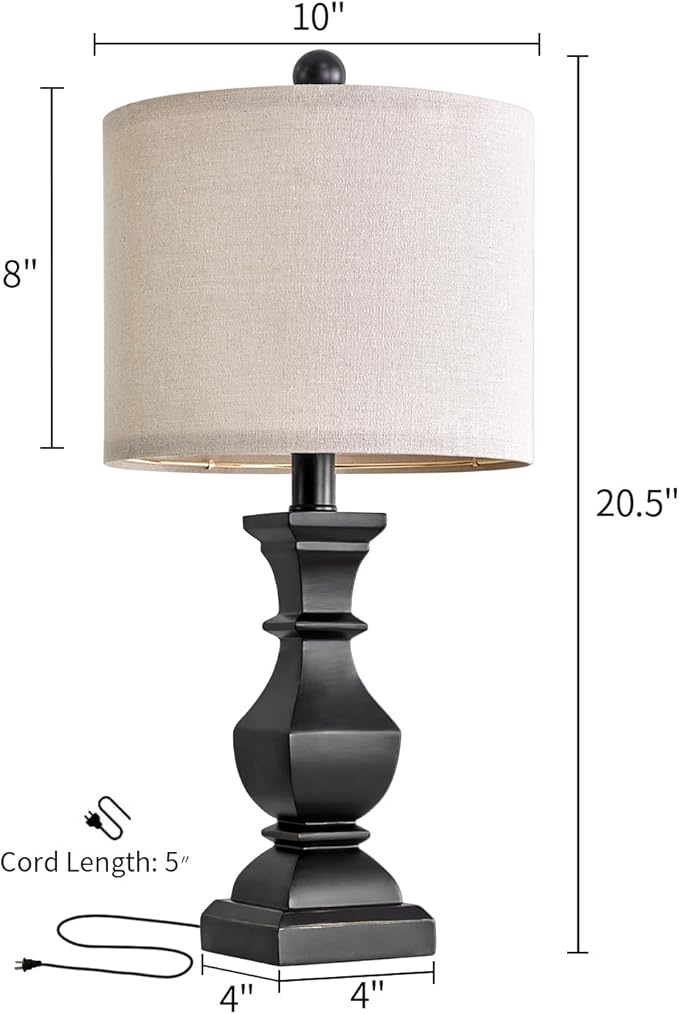 PoKat 20.5'' Bedside Table Lamp for Bedroom Nightstand - Farmhouse Lamp for Living Room, Black Night Stand Light Lamp with Round Linen Shade, Vintage Bedroom Lamp, Suitable for Small Place