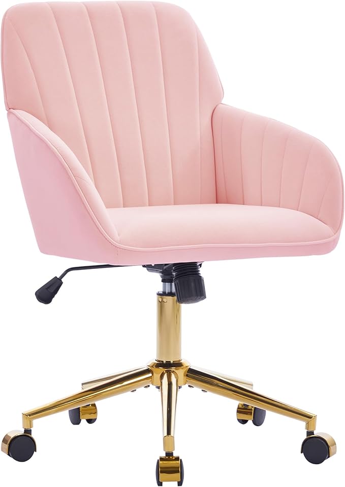 YISHENG Velvet Office Desk Chair with Gold Base, with Wheels,Modern Height Adjustable 360 Degree Swivel Upholstered Vanity Chairs with Arms for Living Room Bedroom,Pink