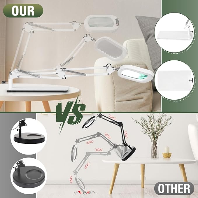 Veemagni 10X Rectangle Magnifying Glass with Light and Stand, 5 Color Modes Stepless Dimmable, 2-in-1 LED Lighted Desk Lamp & Clamp, Hands Free Magnifier for Reading Crafts Painting Close Work - White