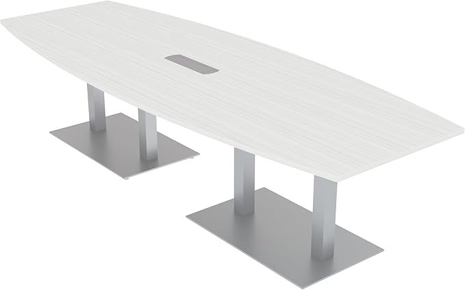 10-Person Boat Shaped Modular Conference Table With Rotating Power Unit | Harmony Series | 10' Meeting Room Table | Scratch-Resistant Laminate | Square Metal Bases & White Cypress