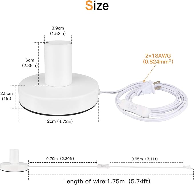 Helunsi Industrial Table Lamp Base - E26/E27 Edison Light Bulb Stand, Exposed Bulb, Simple Metal, 5.8ft Cord Switch Plug, White