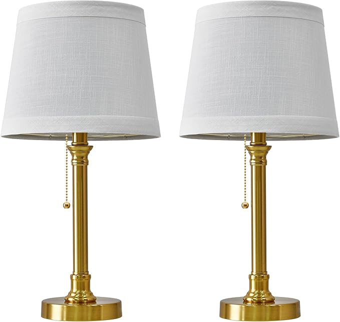 Oneach 19.5” Gold Table Lamps Set of 2, Pull Chain Switch Bedside Table Lamps, Modern Nightstand Lamp with White Linen Shade, Small Brass Lamp for Living Room, Bedroom, Home Office, Nursery