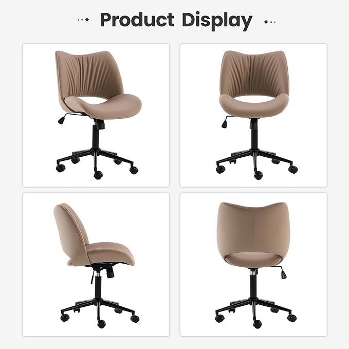 Rowill Armless Office Desk Chair, Ergonomic PU Leather Modern Task Chair with Back Adjustable Height, 360° Swivel Vanity Chairs with Wheels for Small Space, Home Office, Bedroom, Khaki