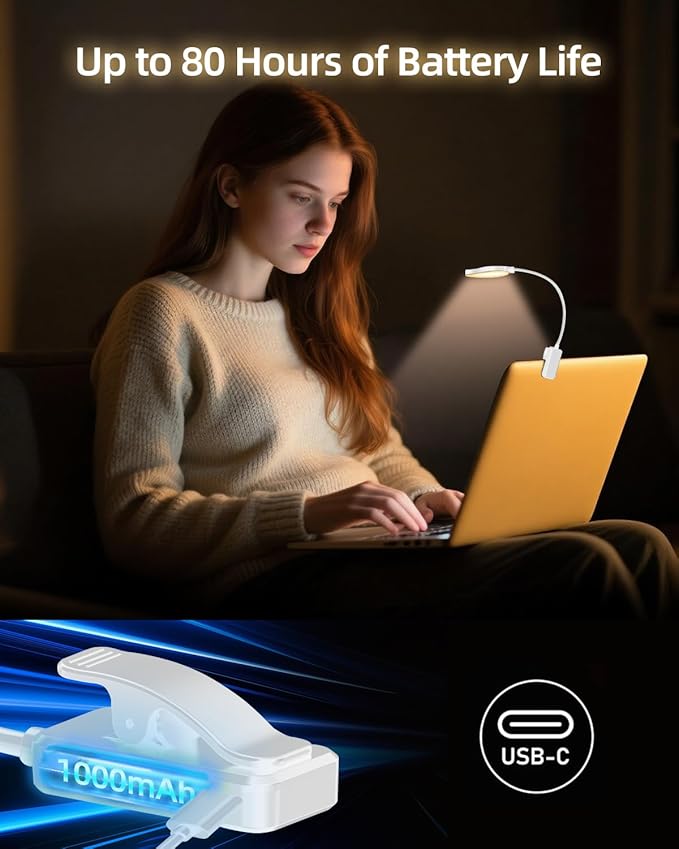 Rechargeable Book Lights for Reading at Night - Eye,3 Color Temperatures,3 Brightness Levels,Flexible Goose Neck Clip on Light,Reading Lights for Books in Bed with Power Indicator Bookworms (White)