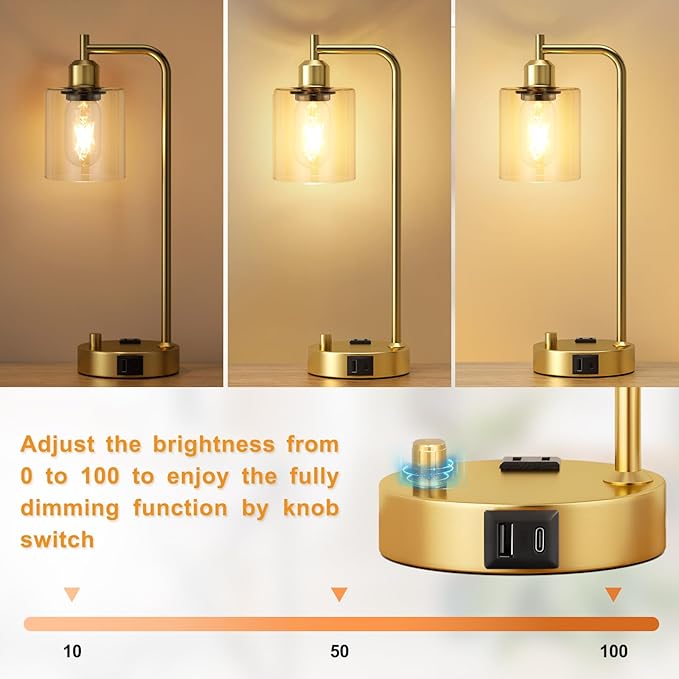Innqoo Industrial Table Lamp for Bedroom Set of 2 - Fully Dimmable Bedside Lamps with USB Ports and Outlet, Gold Nightstand Lamps with Clear Glass Shade for Living Room, Desk Lamps for Office Reading
