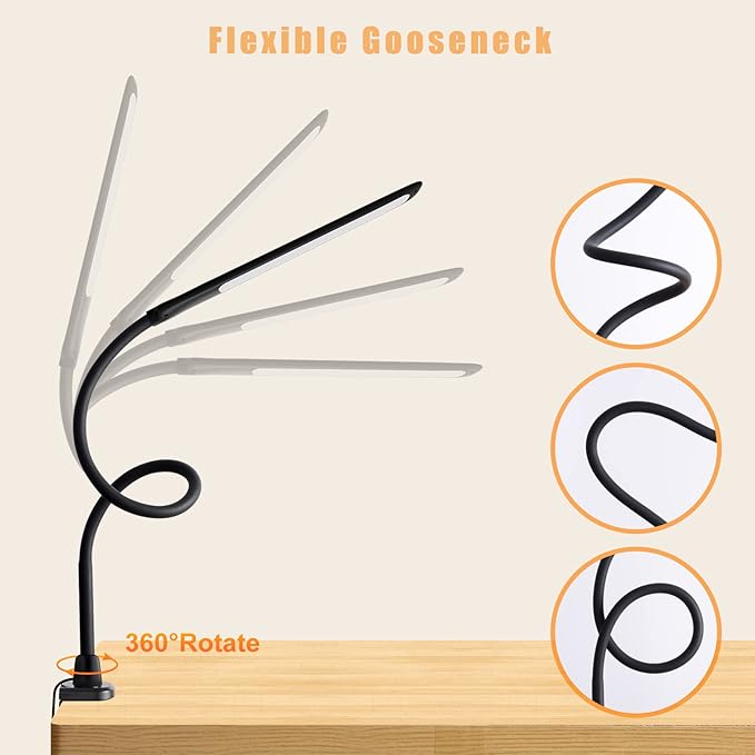 YOUKOYI LED Desk Lamp with Clamp,10W Swing Arm Clamp Lamp, 5 Brightness Levels & 4 Color Modes, Gooseneck Lamps Touch Control, Architect Desk Lamp for Home Office, Reading, Work(Black)
