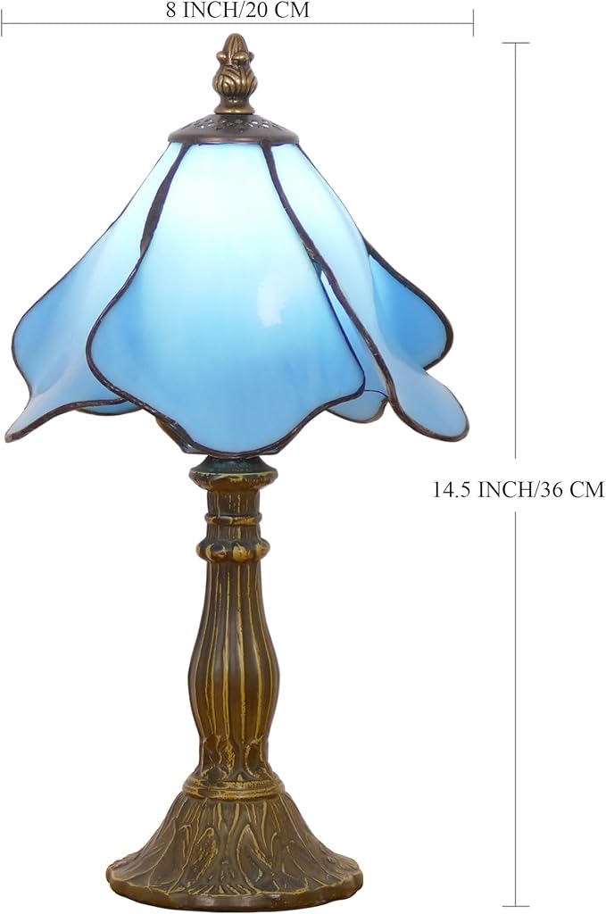Small Tiffany Lamp Mini Stained Glass Table Lamp Bedside Accent Lamp Memory Sympathy 8X14.5 Inch (Blue)