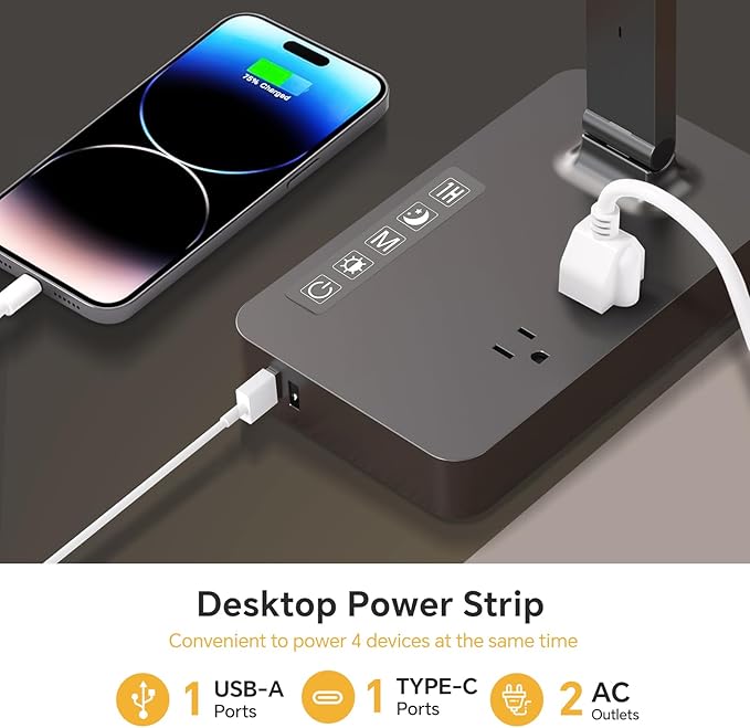 Power Strip with LED Desk Lamp, 2 Outlets 1 USB-A Ports 1 Type-C Ports, Small Desk Lamp with Surge Protection and Led Display, 5ft Extension Cord, 5 Color Modes 5 Brightness, Dorm Room Essentials