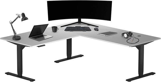 Progressive Desk Height Adjustable Electric Standing Desk - L Shaped 72" x 72" Computer Stand Up Rising Workstation Corner Table - Black Frame, Warm White Top