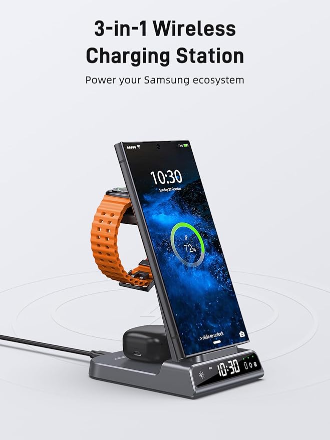Wireless Charger for Samsung Charging Station, 3 in 1 Android Phone Wireless Charger for Samsung Galaxy S25 Ultra/S24 Ultra/S23/Z Fold7/Flip7/Buds, for Galaxy Watch 8/Ultra/7/6/5/4/3 (Grey)