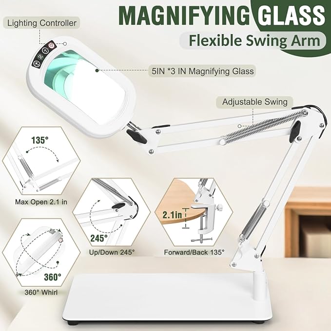 Veemagni 10X Rectangle Magnifying Glass with Light and Stand, 5 Color Modes Stepless Dimmable, 2-in-1 LED Lighted Desk Lamp & Clamp, Hands Free Magnifier for Reading Crafts Painting Close Work - White