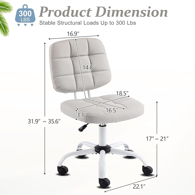VINGLI Compact Small Desk Chair, Cute Armless Chair with Wheels, Vanity Chair with Low Back, Height Adjustable Task Chair for Small Spaces, Office, Bedroom, Make Up Room, PU Leather, Light Grey
