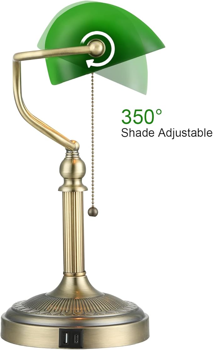 Newrays Green Glass Bankers Desk Lamp with Pull Chain Switch Plug in Fixture,USB Fast Charging Port