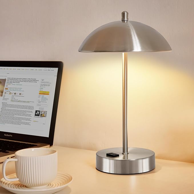 Modern Desk Lamp with AC Adapter,12" 3-Way Dimmable Touch Bedside Reading Lamp, Minimalist Silver Small Nightstand Table Lamp with Mushroom Dome Shade for Bedroom Living Room Office, LED Bulb Included