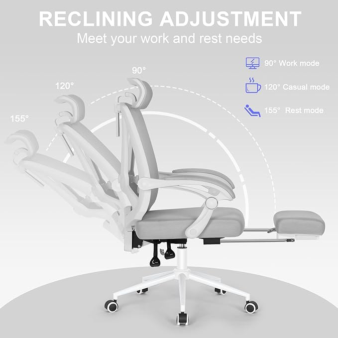 Misolant Ergonomic Office Chair with Footrest, Ergonomic Desk Chair with Adjustable 2D Lumbar Support, High Back Computer Chairs with Adjustable Headrest, Gray Comfortable Executive Office Chair