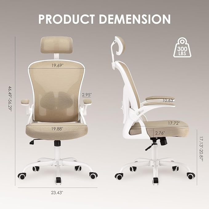 Farini Ergonomic Office Chair, Home Office Desk Chair with Headrest, High Back Computer Chair with Armrests and Adjustable Lumbar Support for Home Office Study Room, White & Khaki