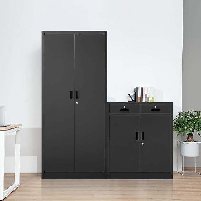 Metal Storage Cabinet, 36" H Locking Storage Cabinet with Two Drawers and Adjustable Shelf, Metal Cabinets for Office, Garage, Home-Black