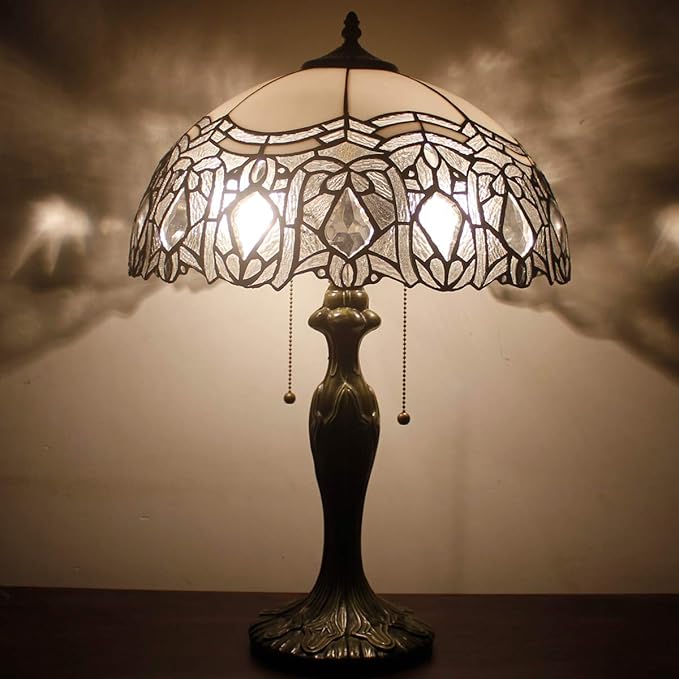 WERFACTORY Tiffany Style Table Lamp White Stained Glass Crystal Bedside Lamp 16X16X24 Inch Desk Reading Light Metal Base Decor Bedroom Living Room Home Office S508W Series