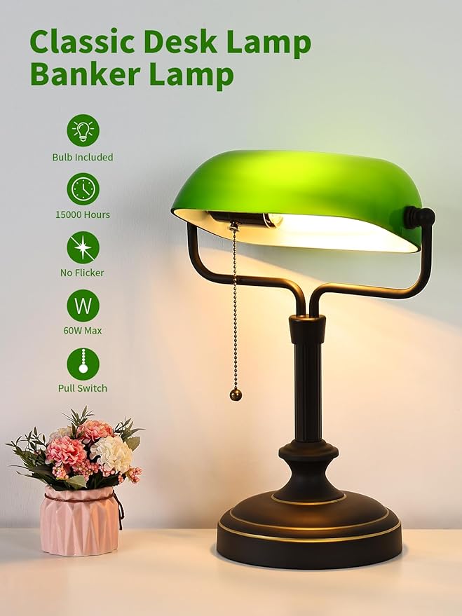 Traditional Banker's Desk Lamp with Glass Shade,Pull Chain Switch, LED Bulb Included (Antique Black+Green)