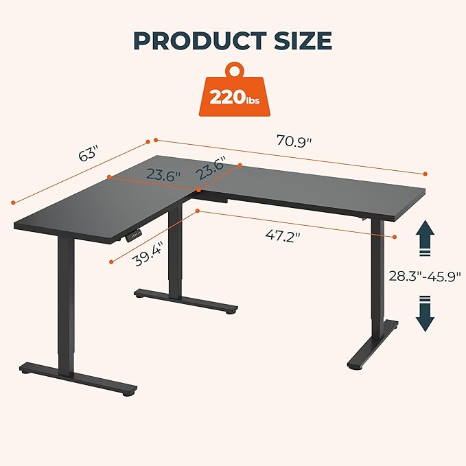 L-Shaped Standing Desk, 71 x 63 Inches Height Adjustable Desk, Sit and Stand up for Work Office Home, Ergonomic Rising Computer Table for Home Office with Splice Board, Black