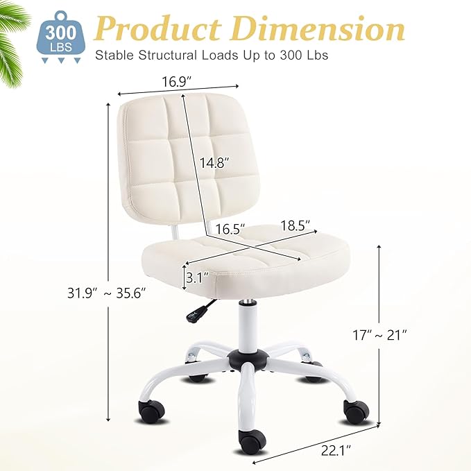VINGLI Compact Small Desk Chair, Cute Armless Chair with Wheels, Vanity Chair with Low Back, Height Adjustable Task Chair for Small Spaces, Office, Bedroom, Make Up Room, PU Leather, White