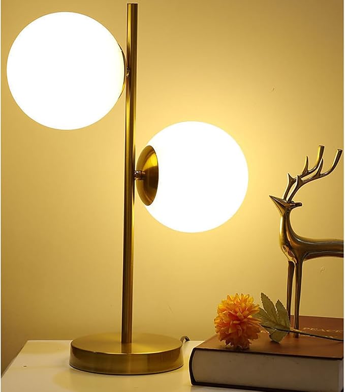 Mid Century Table Lamp Modern 2 Glass Globe Table Lamp Gold Desk Lamp Retro with White Frosted Glass Shade Adjustable Brightness Desk Lamp for Bedrooms Living Room Study Library
