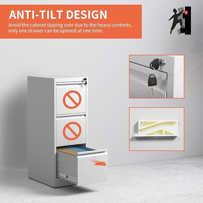 3 Drawer File Cabinet with Lock, Metal Vertical Filing Cabinets for Home Office, Steel Storage Cabinet for Hanging Legal/Letter Size Files, Assembly Required (White)