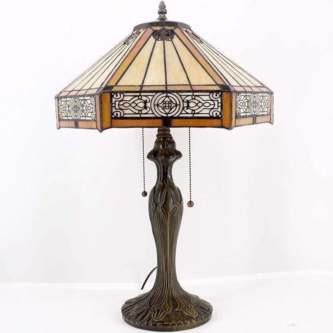WERFACTORY Tiffany Table Lamp Yellow Hexagon Stained Glass Bedside Lamp Mission 16X16X24 Inches Desk Reading Light Metal Base Decor Bedroom Living Room Home Office S011 Series