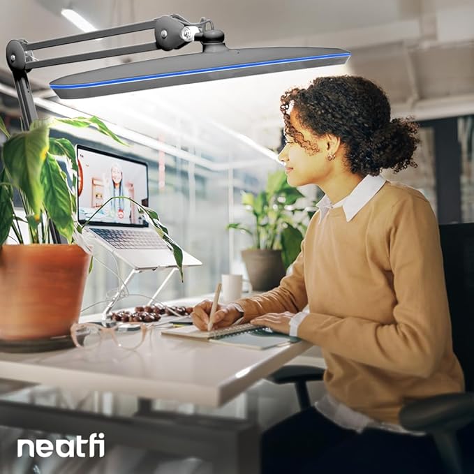 Neatfi XL 2,200 Lumens LED Task Lamp, 24W, 117 SMD LEDs, 23-Inch Ultra-Wide, 4 Brightness Levels, 3 Light Modes, Dimmable, Eye-Caring, Glare-Free (CCT with Clamp, Silver)