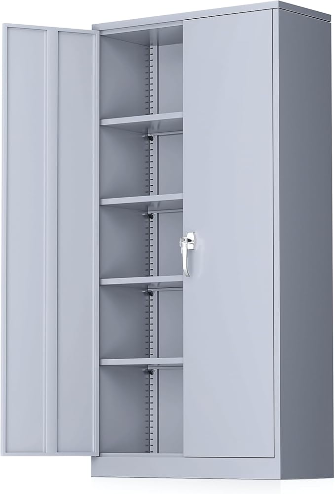 Greenvelly Metal Storage Cabinet with Doors and Adjustable Shelves,72" Locking Tool Steel Garage Cabinet, Utility Metal Filing Storage with Lock for Home Office, Garage, School, Kitchen Dark Gray