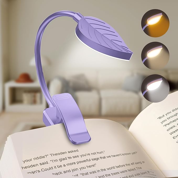 Rechargeable Book Lights for Reading at Night - Eye,3 Color Temperatures,3 Brightness Levels,Flexible Goose Neck Clip on Light,Reading Lights for Books in Bed with Power Indicator Bookworms (Purple)