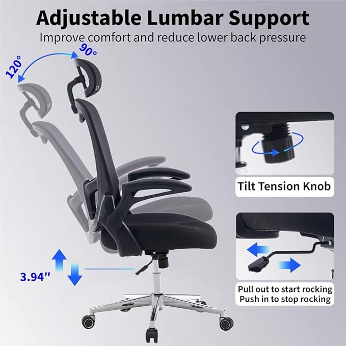 Office Chair, Ergonomic Breathable Mesh,Flip-Up Arms and Adjustable High Back Lumbar Support,Comfy Computer Chair for Home Office (Black, 407)