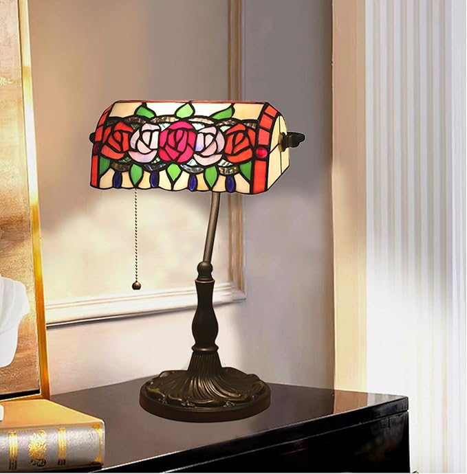 Tiffany Style Stained Glass Banker Desk Lamp, Rose Flower Pattern, Red, Pink, Green, Blue, Alloy Base, 10.62" W x 15.35" H