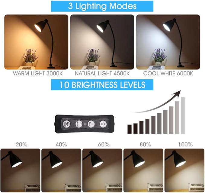 LED Desk Lamp Eye-Caring, 360° Flexible Gooseneck, 10 Brightness Dimmable Reading Light, 3 Color Modes, 10W 40 LED for Home Office, Craft, Computer, Nightstand Reading