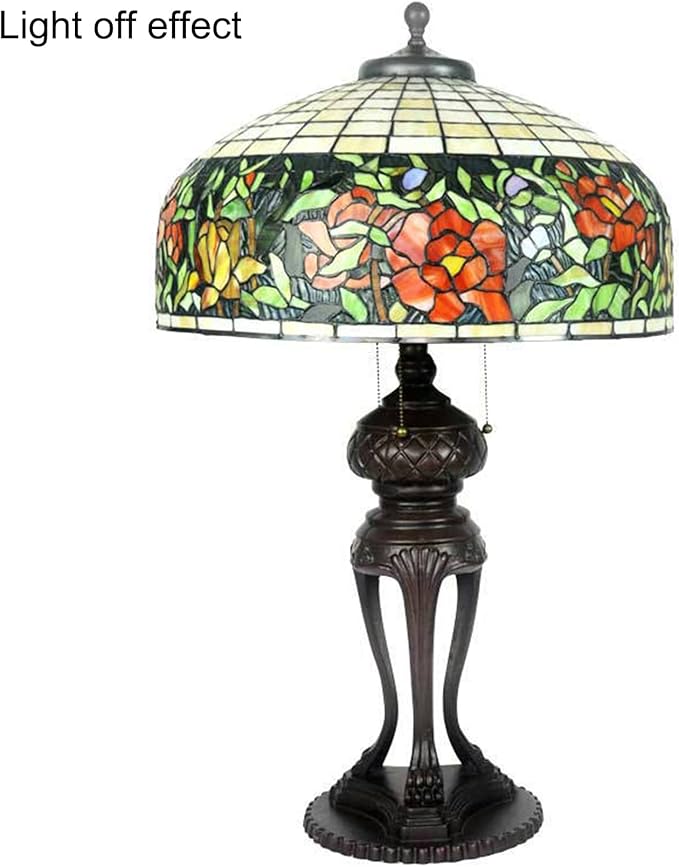 Tiffany Lamp Table Lamp Rose Dragonfly Tulip Wisteria Grape Peach Kapok Peony Apple Flower Design Stained Glass Lampshade Desk Lamp for Girl Living Room Iron Base W20 XH32,Rose