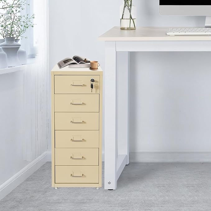 TFCFL Mobile File Cabinet 6 Drawer Vertical File Cabinet with Wheels Metal File Cabinet with Lock for Home Office, 11" D x 16" W x 27" H (Beige)