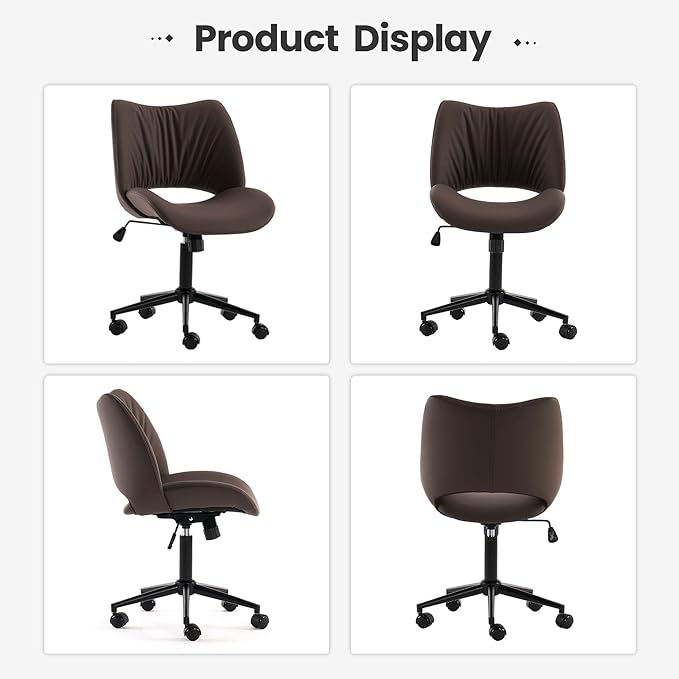 Rowill Armless Office Desk Chair, Ergonomic PU Leather Modern Task Chair with Back Adjustable Height, 360° Swivel Vanity Chairs with Wheels for Small Space, Home Office, Bedroom, Brown