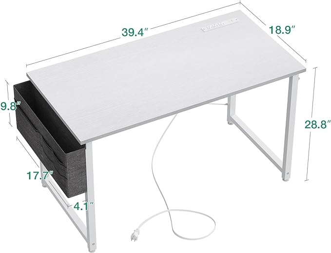KKL Small Desk with Power Outlets and USB Port Computer Desk for Home Office Gaming Simple Modern Style Writing Desks with Storage Bag Headphone Hook, 40 inch, White