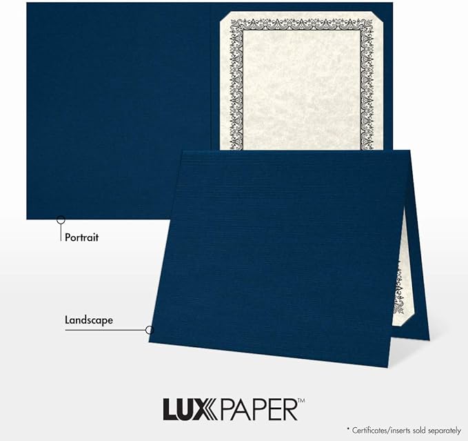 LUXPaper Certificate Holders for 8 1/2 x 11 Certificates or Documents in 100 lb. Nautical Blue Linen, Display Folder for Paper Awards, 100 pack, Holder Size 9 1/2 x 12 (Blue)