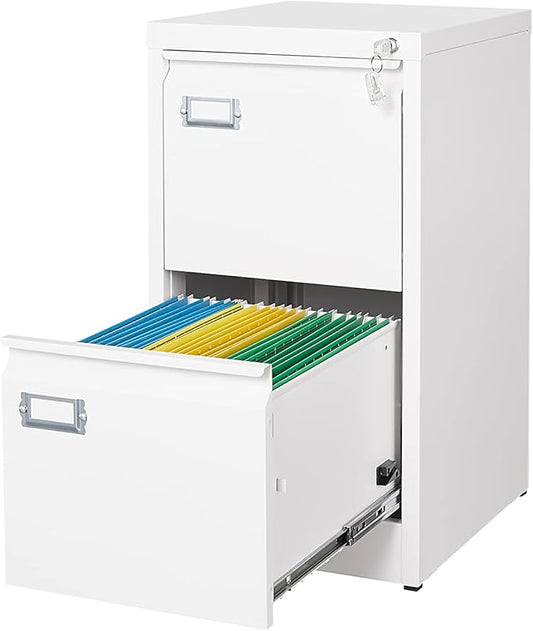 Metal Vertical File Storage Cabinet, 2 Drawer File Cabinet with Lock, 18" Deep Vertical Filing Cabinets for A4 Legal/Letter Size, Assembly Required (2 Drawer - White)