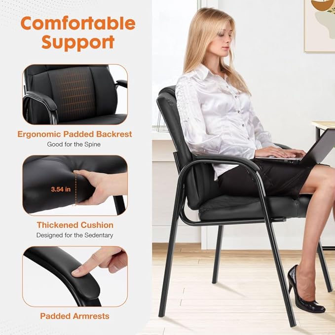 PU Leather Conference Room Chair, Tall Back Chairs with with Padded Arms and No Wheels, Guest Chair for Reception Waiting Room Black