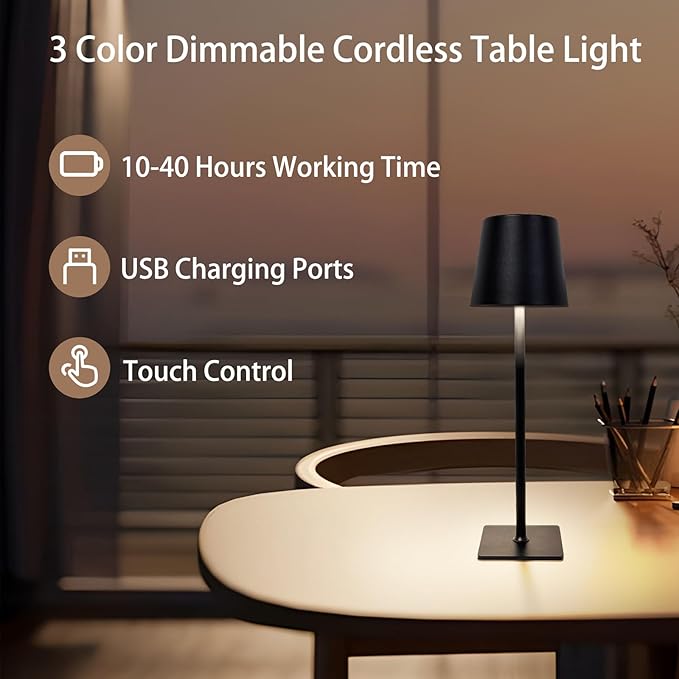 MIOBLUE 2 Pack Cordless Table Lamp,Portable LED Desk Lamp, 5200mAh Battery Operated, 3 Color Dimmable Table Light for Restaurant,Coffee Shop Night Light,Bedroom,Bars,Outdoor Party,Camping