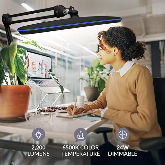 Neatfi XL 2,200 Lumens LED Task Lamp, 24W, 117 Pcs SMD LED, 23 Inches Ultra Wide Lamp, 4 Level Brightness Dimmable, Eye-Caring Light, Glare Free (Non-CCT with Base, Black)