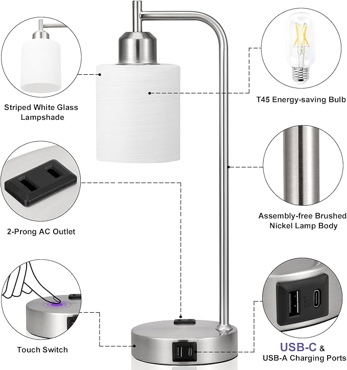 Innqoo Industrial Nickel Table Lamps for Bedrooms Set of 2-3-Way Dimmable Desk Lamp with USB C+A Ports and Outlet, Sliver Lamps with Striped White Glass Shade for Living Room