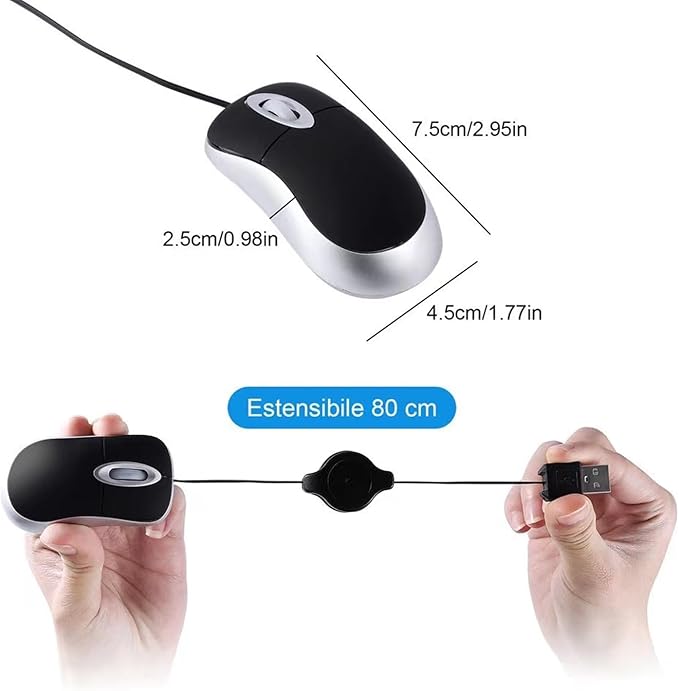 USB Wired Mini Mouse,Small Mice with Retractable Cable for Travel,Kids,Gifts-Black